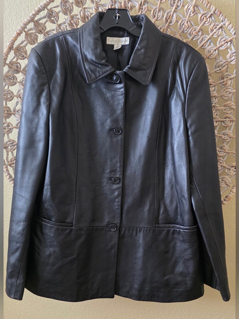 Vintage Casual Corner Women XL Black Genuine Leather Jacket Blazer Classic Y2K